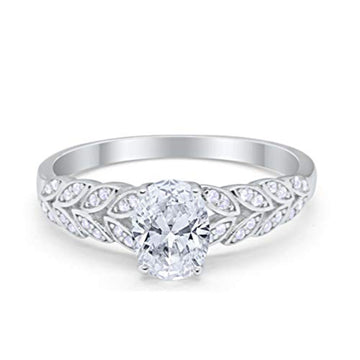 Solitaire Floral Accent Oval Simulated Cubic Zirconia Wedding Ring 925 Sterling Silver